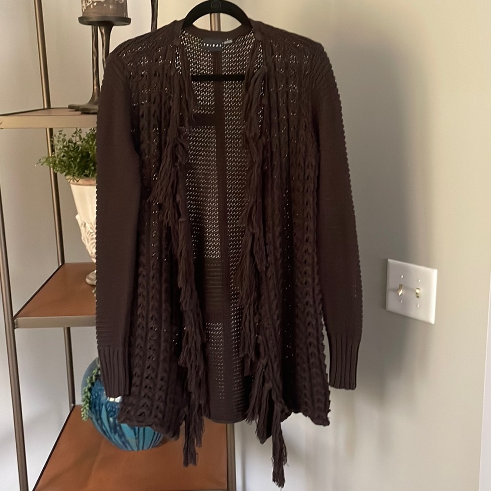 Tribal Brand Cardigan Sweater with Front Fringes
